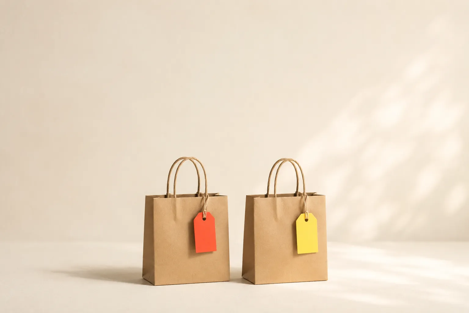 Two small identical kraft-paper shopping bags side by side on a clean off-white surface in warm side light, one tagged with a coral label and one with a yellow label