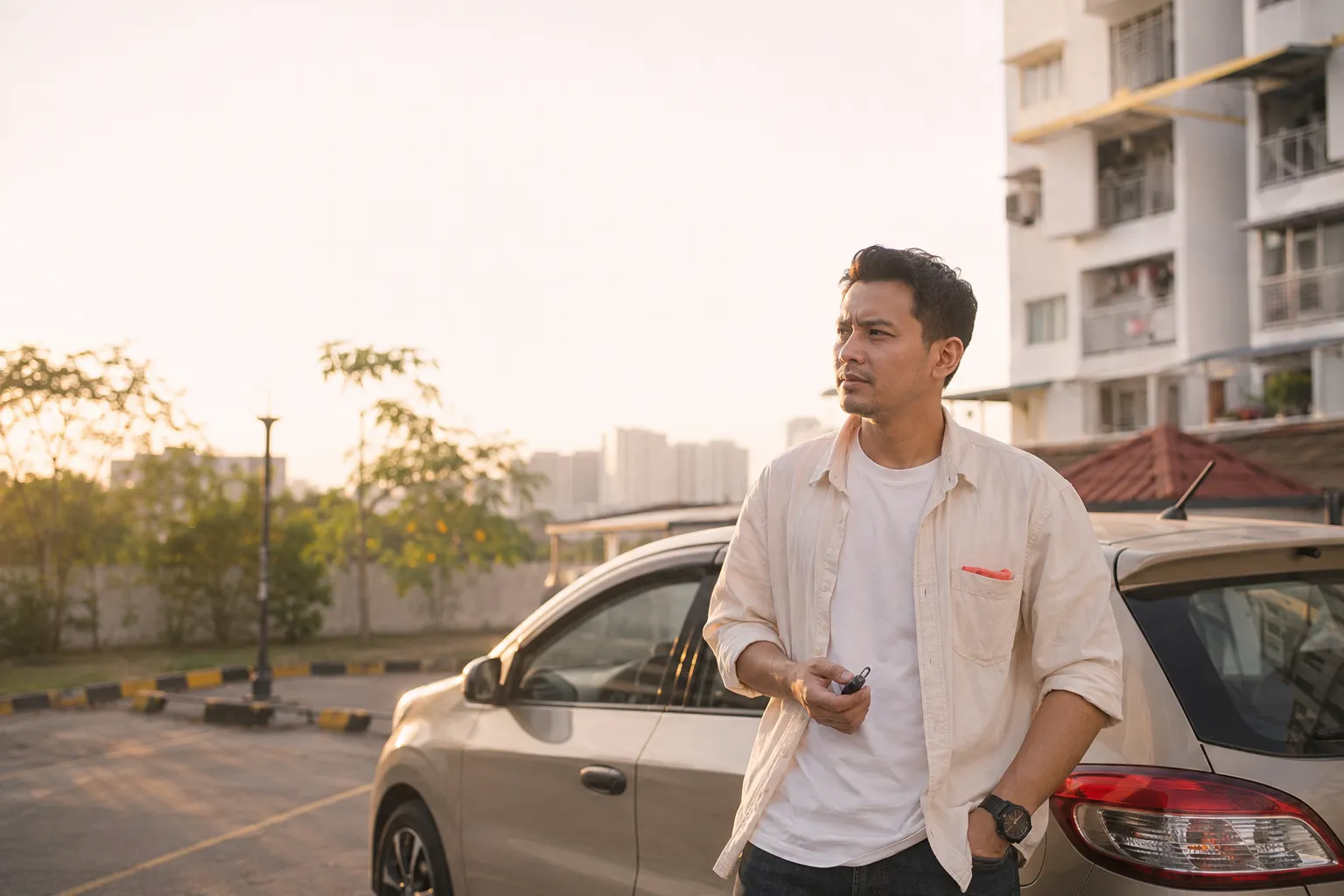 A young Malaysian man in his late twenties stands beside his modest compact car in a KL neighbourhood car park at golden hour, keys in hand, looking thoughtful
