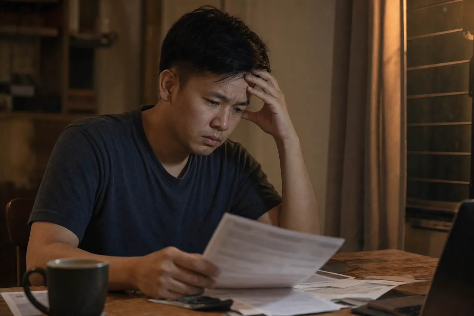 A worried man going through his credit card statement at home in the evening