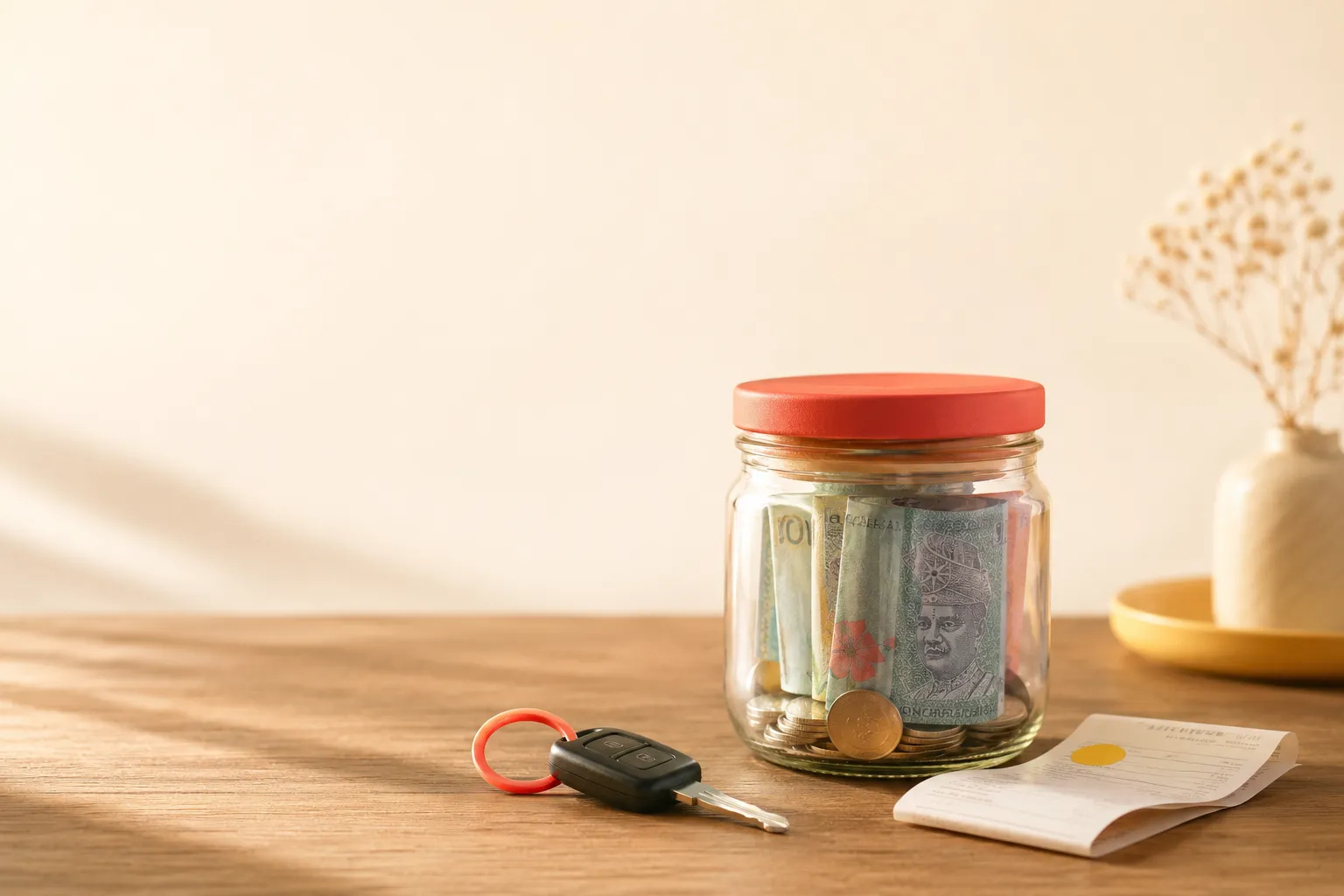 A simple glass jar of cash and coins beside a spare car key and a folded clinic receipt on a wooden table in warm light, evoking a calm buffer set aside for small emergencies