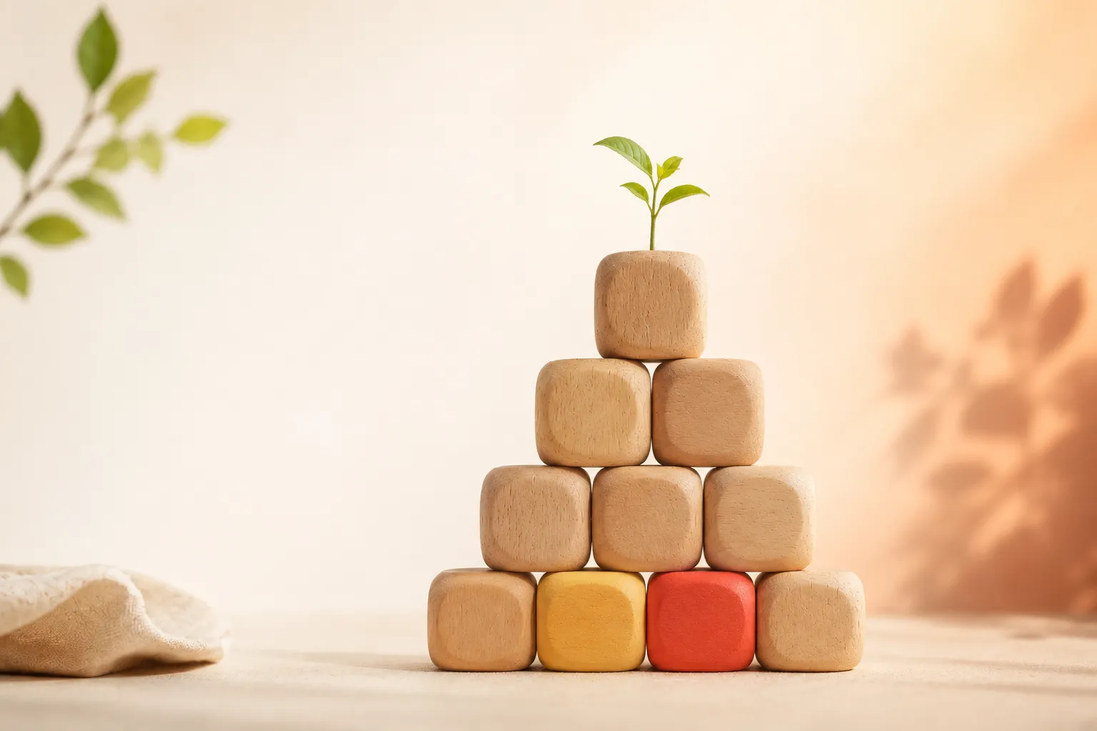 A set of warm wooden building blocks stacked from a wide base up to a small growing shoot, evoking foundation first then growth