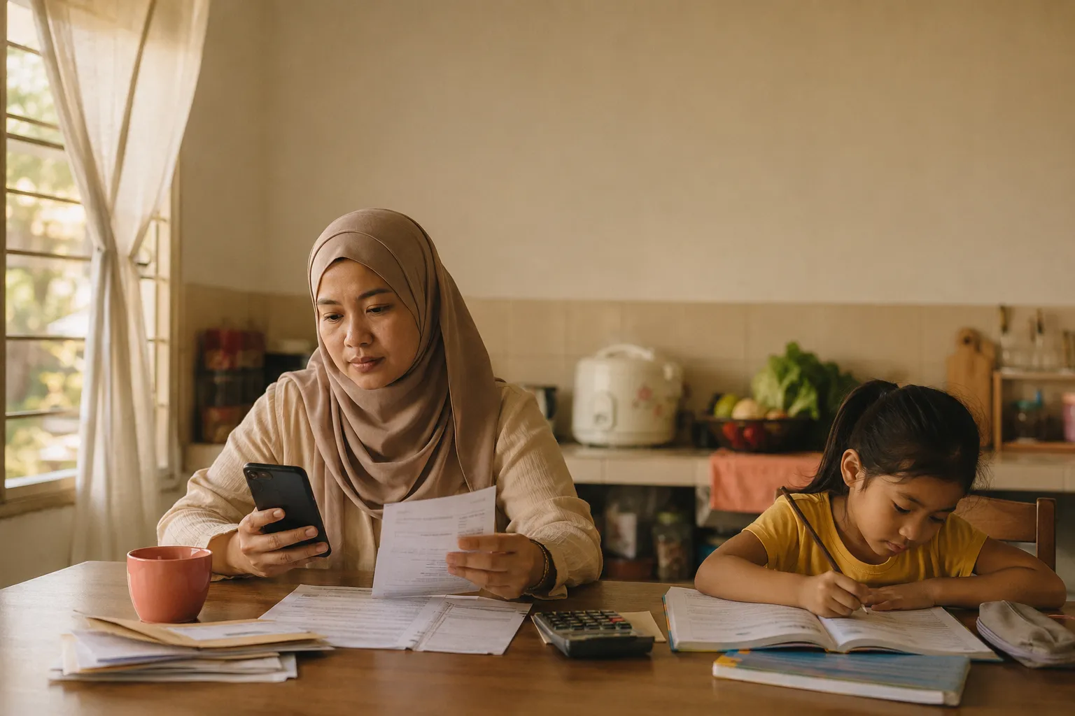 A Malaysian mother in her late thirties sits at the kitchen table in the early evening going over household bills on her phone, her primary-school-aged child doing homework beside her, warm and thoughtful