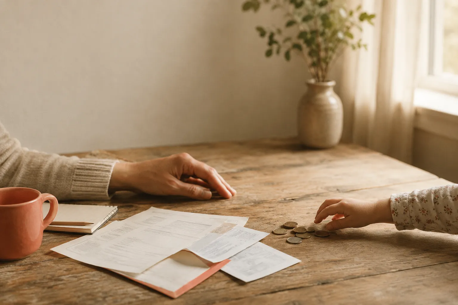 An adult hand and a small child's hand together over a worn kitchen table scattered with household bills and a few coins in warm afternoon light, evoking money habits passed down by watching