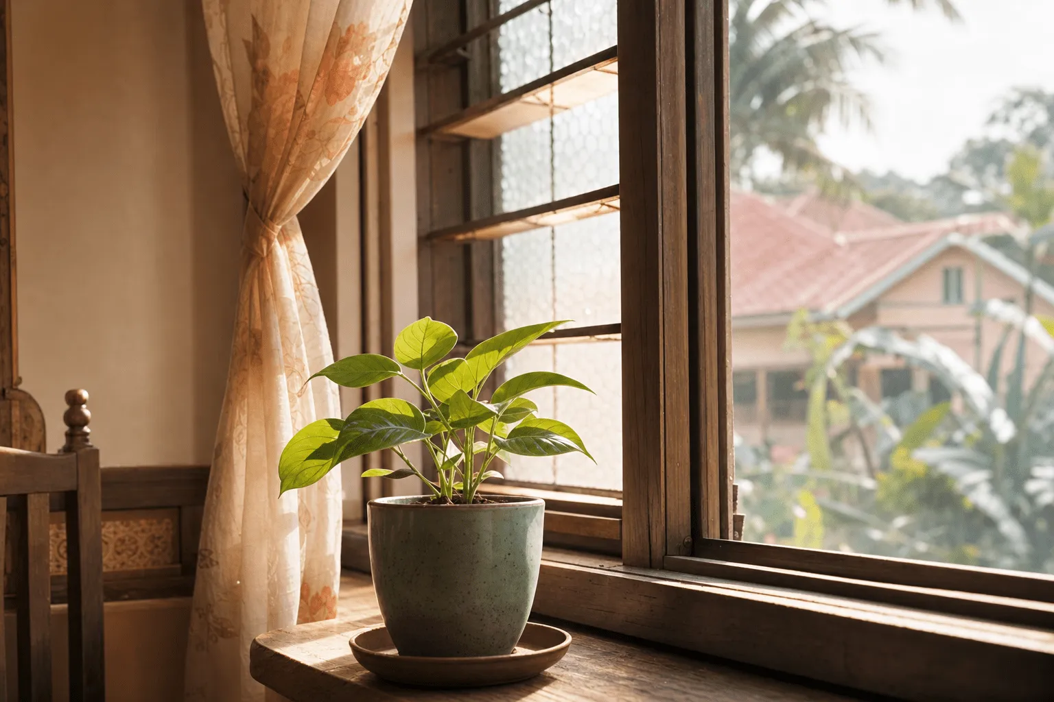 A small potted plant on a sunlit windowsill, evoking steady growth