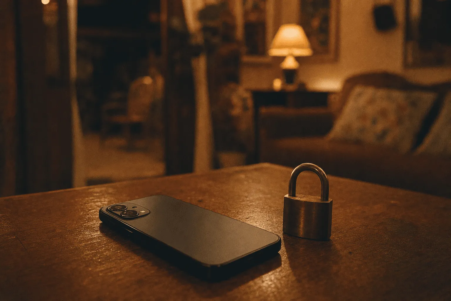 A phone resting face down beside a small padlock in warm evening light