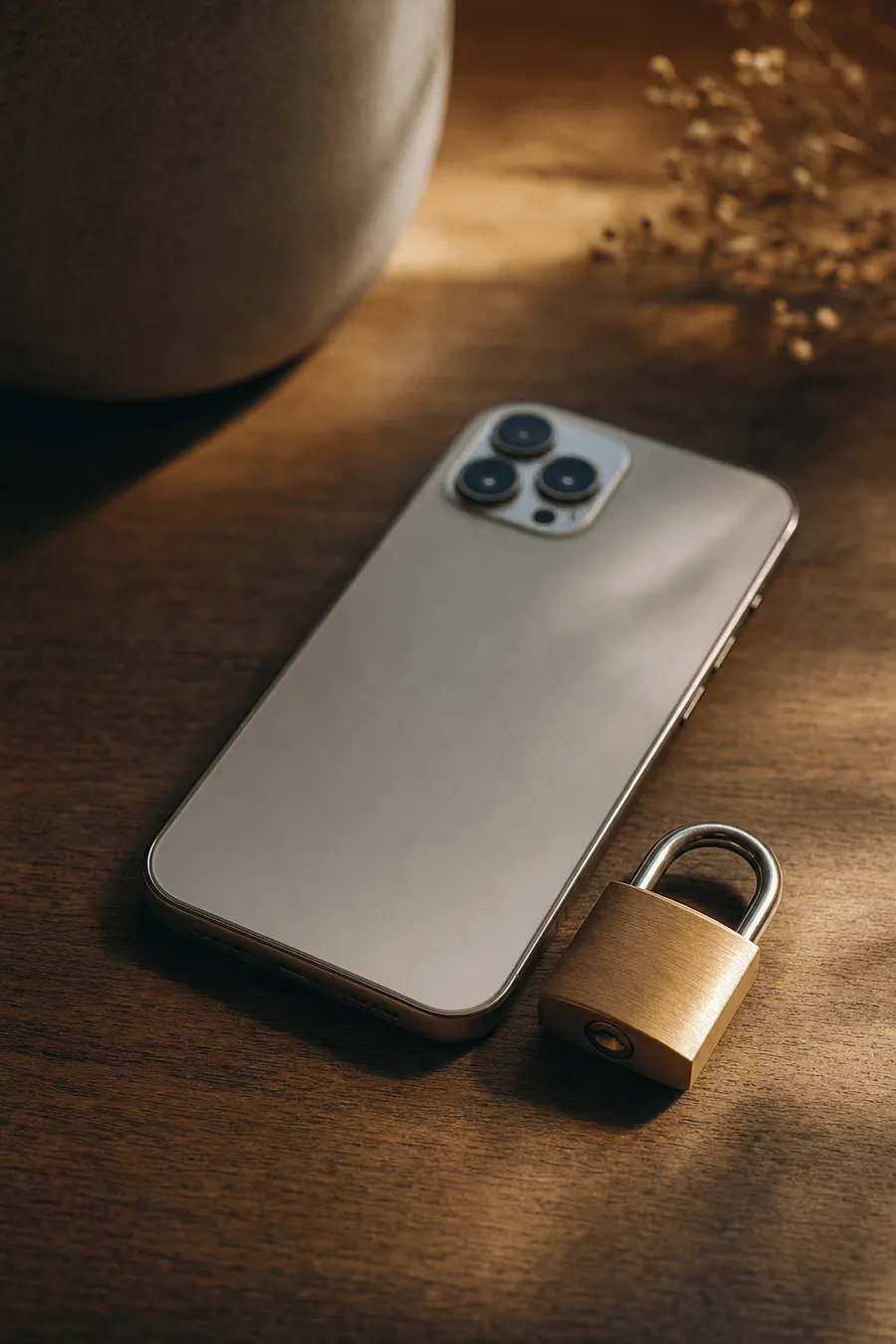 A phone resting beside a padlock, suggesting safety