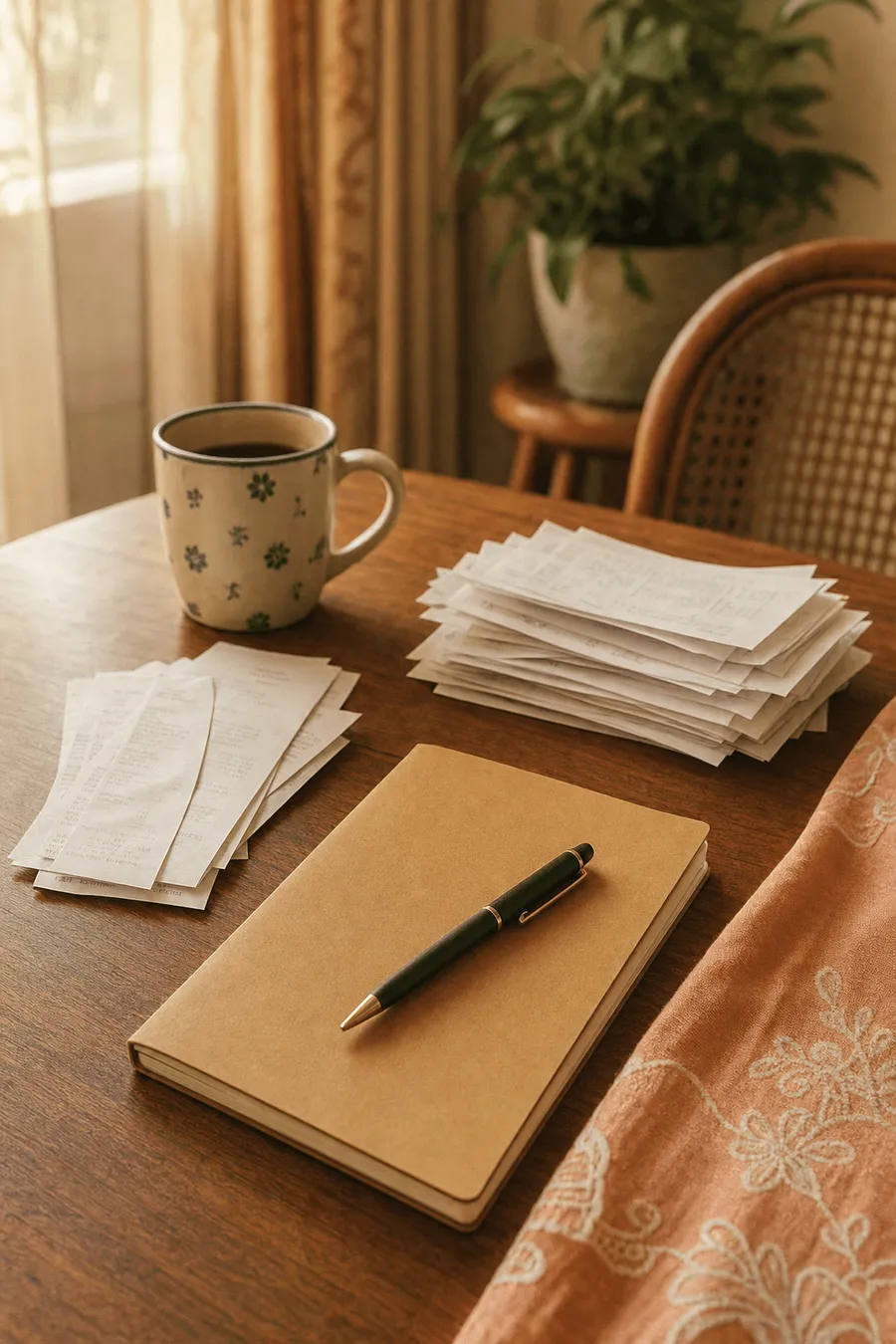 Neatly organised receipts and a notebook on a warm table