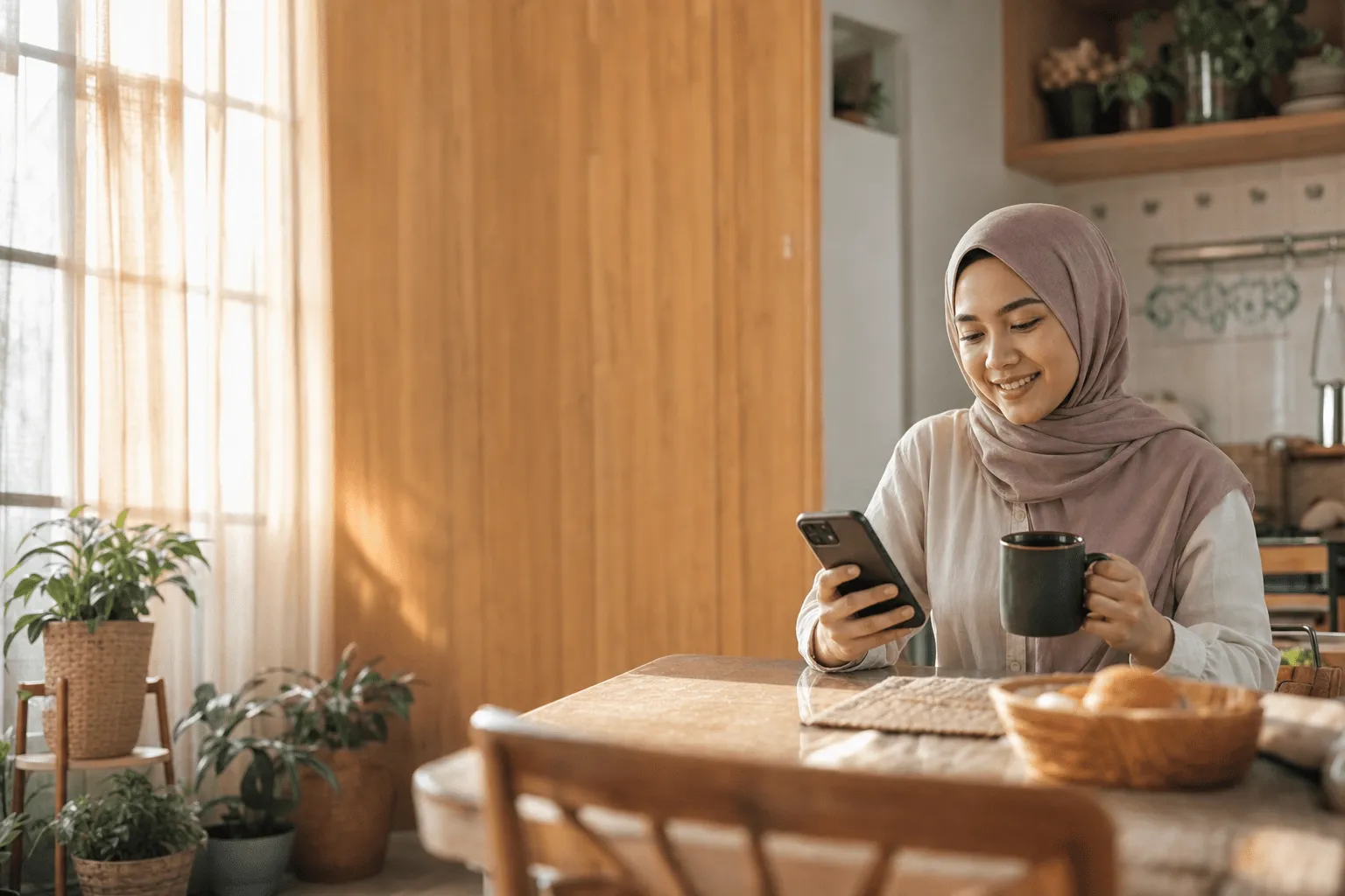 A Malaysian woman checking her finances on WhatsApp at her kitchen table